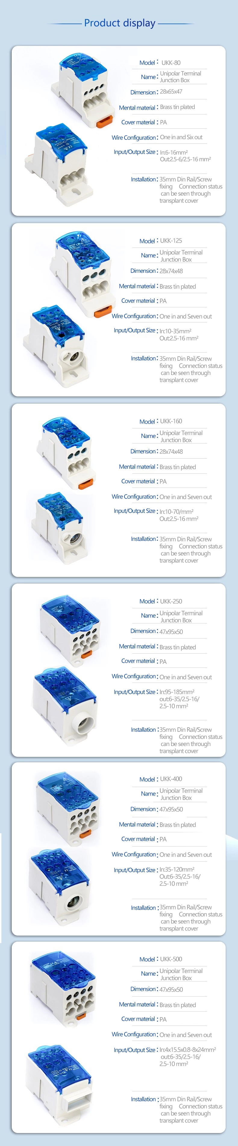 80A  Din Rail Distribution box  terminal block junction box with cover